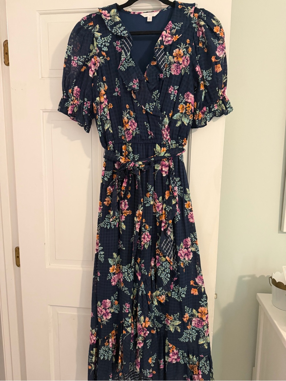 LC Lauren Conrad Navy Floral Ruffle Wrap Blouse - Picture 2 of 4